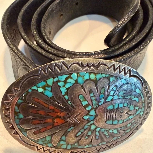 Authentic Vintage turquoise and coral Inlay Sterling Silver Buckle with belt